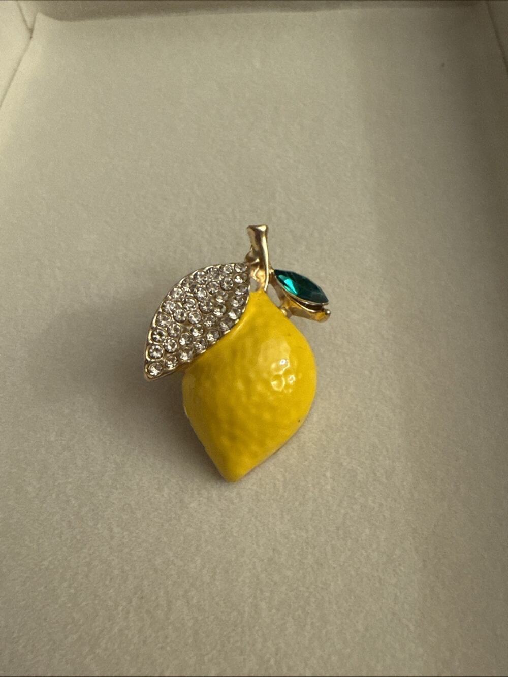 Lemon Brooch Pin With Rhinestones And Faux Emerald Leaf
